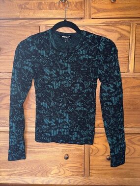 Express women’s Black and Teal Crewneck Sweater with Floral Pattern